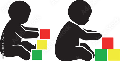 Silhouette toddler play with building blocks icon set