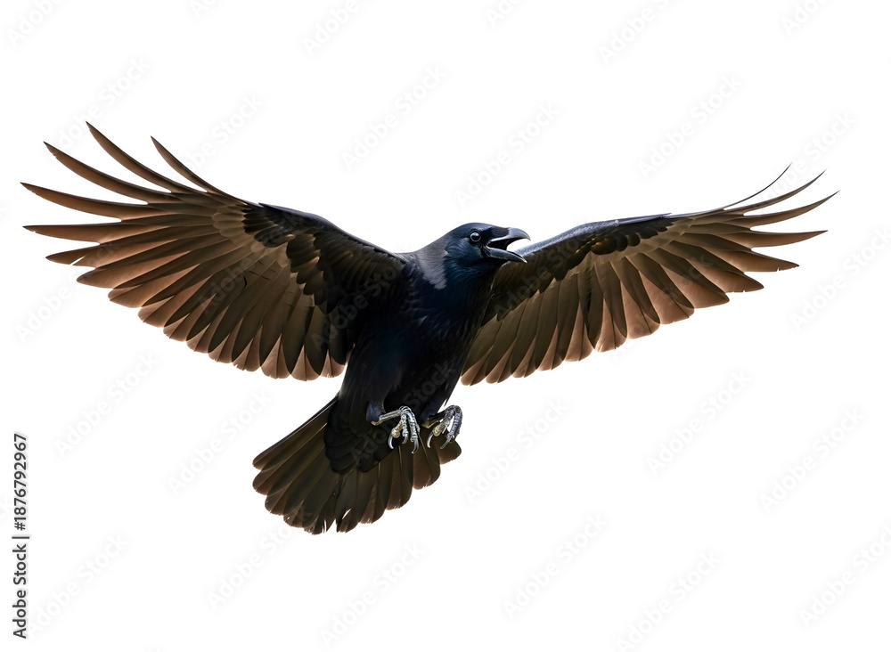 Obraz premium Black raven flying isolated on transparent background