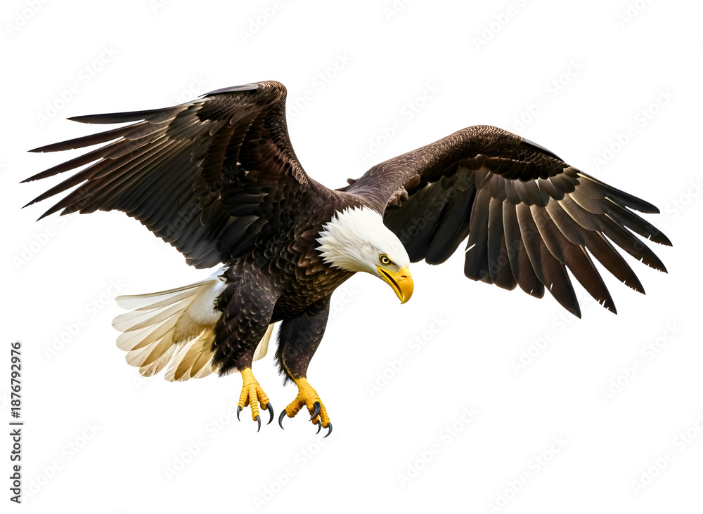 Fototapeta premium Bald eagle in flight isolated on transparent background