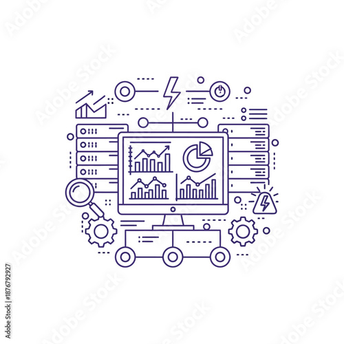 An illustration showcases a computer with graphs on its screen surrounded by various business and technology icons.