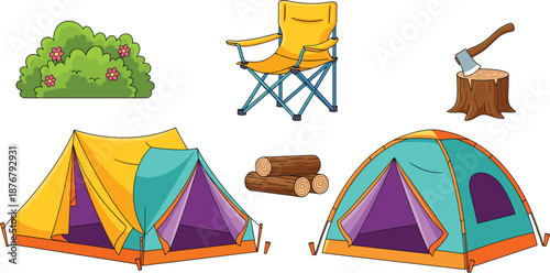 Camping outdoor equipment set with tents, folding chair, firewood, axe, and bush, colorful flat vector illustration
