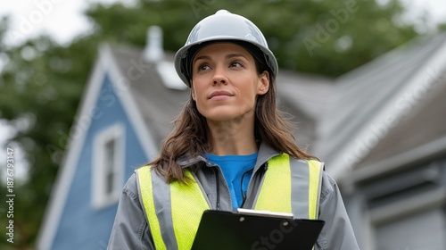 Female building inspector in hard hat holding clipboard during residential home inspection outdoors