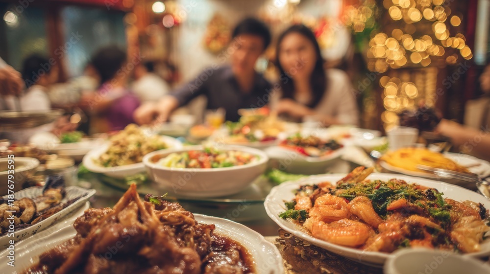 Fototapeta premium Chinese traditional lunar new year Spring Festival celebration in Asia. A group of people gathered around a table laden with a variety of food items, including bowls, plates, and a coffee cup.