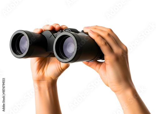 Hands holding black binoculars isolated on transparent background