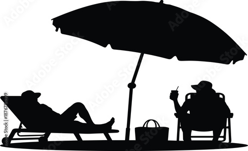 Beach vacation silhouette with people relaxing on lounge chairs under umbrella, summer holiday black vector illustration