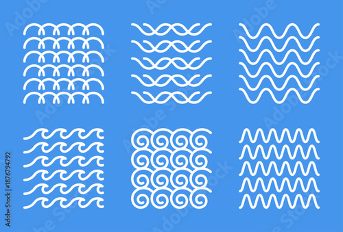 Abstract white line geometric shape icon set. Simple wave pattern. Decorative flat element for a template, banner, background, etc. Imitation of water. Wavy texture. Vector illustration.