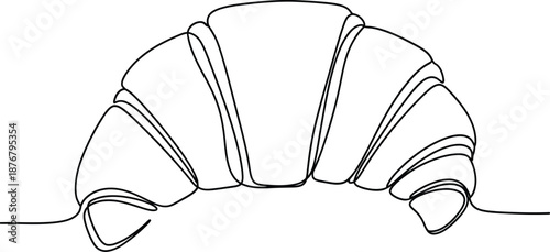 Minimalist continuous line art drawing depicting a perfectly baked, flaky french croissant pastry symbolizing a delicious breakfast or bakery indulgence isolated on white.