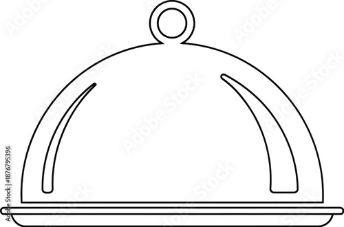 Simple black and white outline icon illustrating a classic food serving cloche cover resting upon a round plate ready for unveiling a hidden culinary delight or important presentation moment.