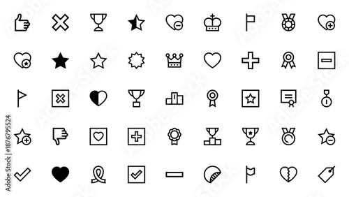 Votes and Regards icon set. Vector symbols for thumb up, trophy, heart, crown, medal, flag, star, check, and more. Editable thin line icons.