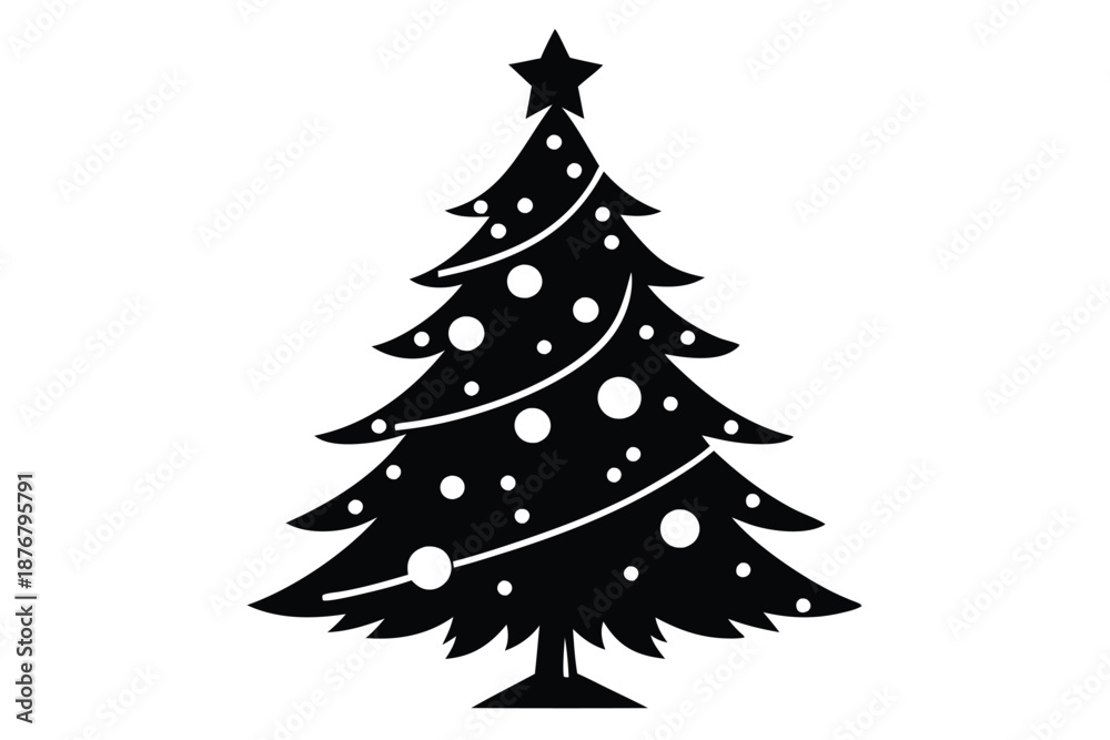 Obraz premium Stylized Black and White Christmas Tree Silhouette, Modern Minimalist Evergreen Fir Tree Vector Illustration for Seasonal Greeting Cards