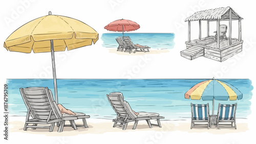 Beach scene with lounge chairs and umbrellas illustration.