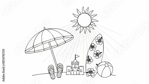 Beach scene with sandcastle surfboard umbrella and sun.