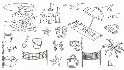 Beach Vacation Elements Doodle Collection.
