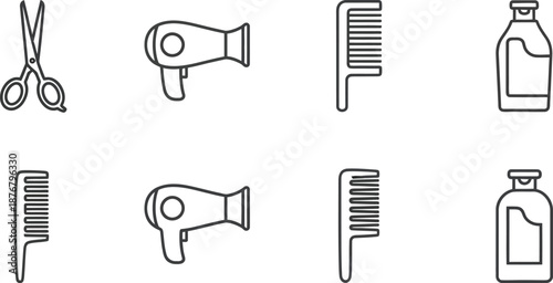 Collection of black outline style icons representing essential professional hairdressing tools including scissors hair dryers combs and product bottles for salon or barbershop design projects
