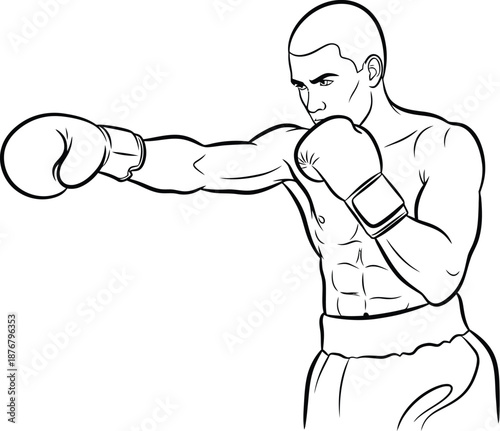 Outline drawing illustrating a focused male boxer delivering a precise straight punch with both gloved hands positioned dynamically during intense martial arts training or competition exercise.