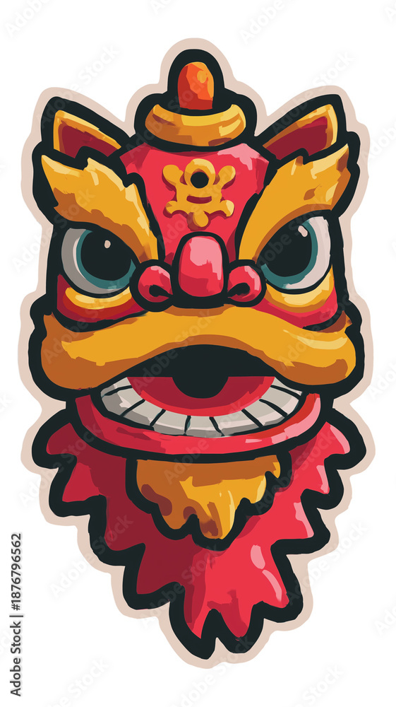 Naklejka premium Lion Dance Head Sticker Icon Tall Face Mask Style Bold Outline Vector