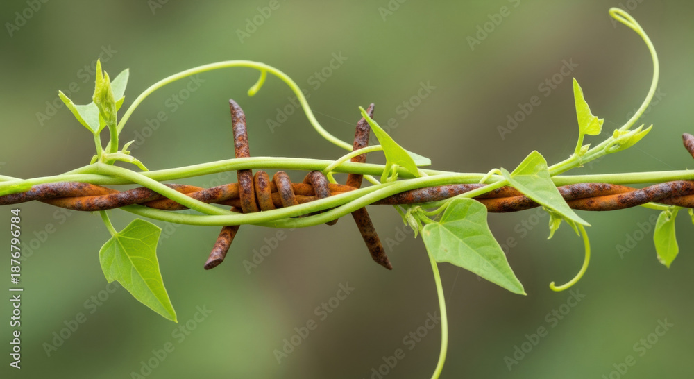 Fototapeta premium Resilient green vine with new leaf growth on rusty barbed wire sign of hope for our environment. Nature overcomes human carbon footprint with delicate power