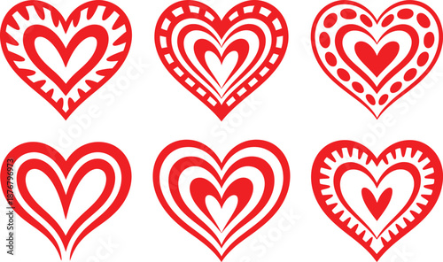 Set of Creative Red Heart Shapes with Decorative Tribal Patterns and Ornamental Line Art Elements Isolated on White Vector