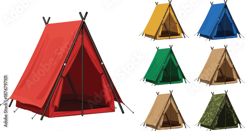 Colorful teepee camping tents set isolated on white background, outdoor glamping shelter collection for adventure travel, survival, hiking, festival and camping equipment