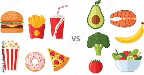 Healthy vs Unhealthy Food Comparison Illustration Set Featuring Fast Food Items and Nutritious Fruits, Vegetables and Salmon