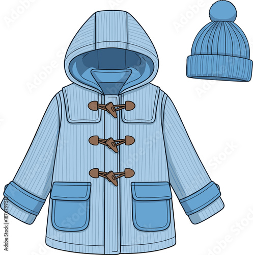 Kids winter duffle coat illustration with hood and knit hat, front view apparel mockup for cold season wear, cad drawing flat vector