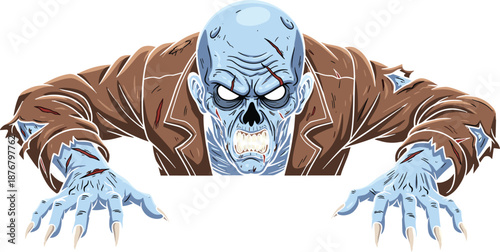 Scary zombie illustration crawling forward with claws, horror monster character artwork isolated on white background for halloween design, cad drawing flat vector