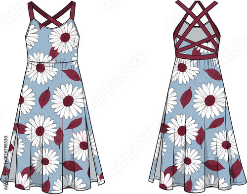 Women floral summer dress illustration showing front and back views with crisscross straps, elegant printed maxi apparel mockup isolated on white background, detailed flat vector design