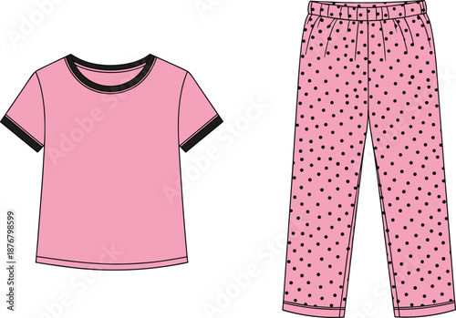 Women pajama set illustration, t shirt and polka dot pants apparel mockup for sleepwear fashion production cad drawing flat vector