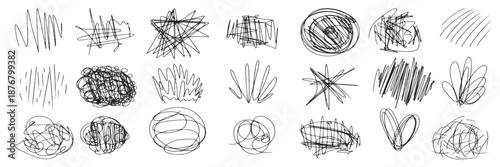 Messy pen scribble and pencil squiggle texture with editable scratch strokes.