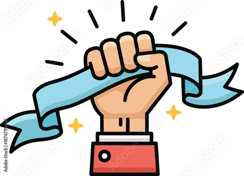 A hand firmly grasping a winner's blue ribbon celebrates success and achievement