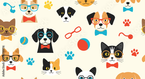 Playful pattern of dogs and cats wearing glasses, bowties, and paw prints on a cream background, a whimsical design element for pet lovers and animal-themed projects.