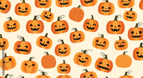 A cheerful, repetitive pattern of cartoon jack-o'-lanterns, perfect for Halloween designs and decorations.