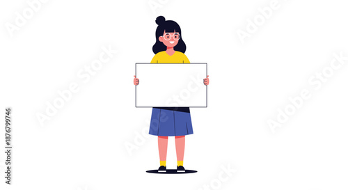 A young woman with dark hair wearing glasses, holding a blank sign with both hands, stands against a white background.