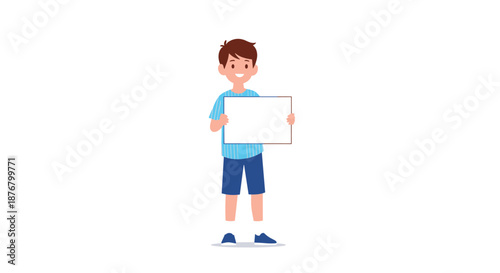 A young boy holds a blank sign, ready to display a message or advertisement against a white background.
