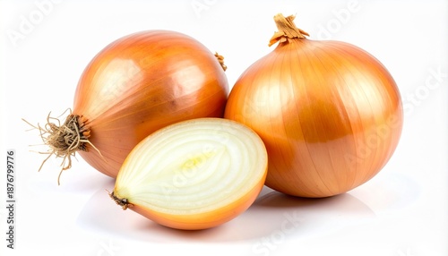 Wallpaper Mural Two whole fresh raw golden onions and one half cut onion with visible layers and rings, arranged on a clean white background. Healthy organic vegetable ingredient for cooking and seasoning. Torontodigital.ca