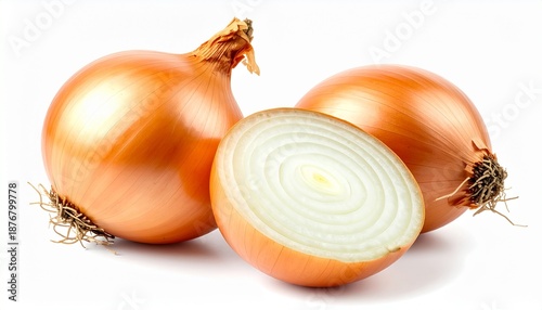 Wallpaper Mural Two whole fresh golden onions and one half onion showing its layered rings, isolated on a white background. This organic vegetable is a staple culinary ingredient for healthy cooking and diet. Torontodigital.ca