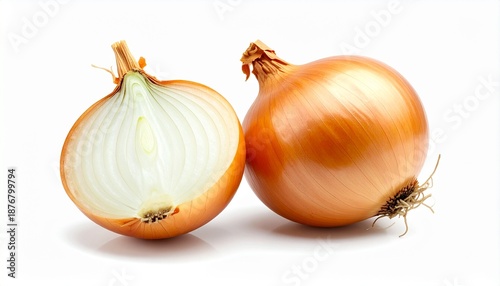 Wallpaper Mural One whole fresh raw yellow onion and one half cut onion showing its layers, isolated on a clean white background. Healthy vegetable ingredient for cooking, culinary concepts, and food preparation. Torontodigital.ca