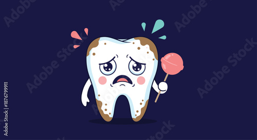 A cartoon tooth with visible decay, holding a lollipop, looking sad, representing poor dental hygiene and sweets consumption.