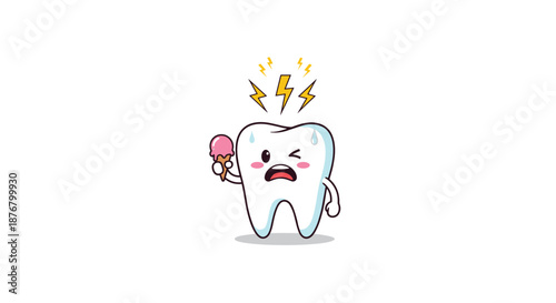 Cartoon tooth experiencing sensitivity from eating ice cream, with pain bolts overhead, on a white background.