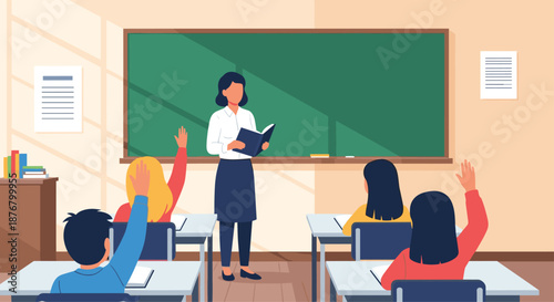 A teacher in a classroom with students raising their hands to answer a question during a lesson period, with a blackboard and desks.