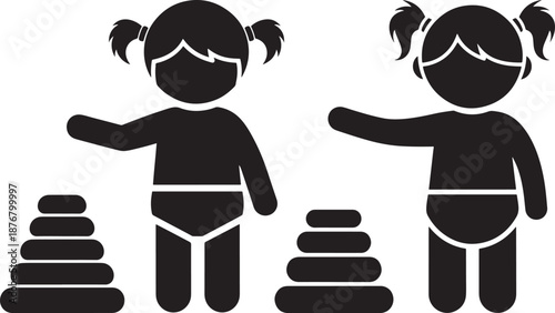 Silhouette of kids playing with learning toy pyramid