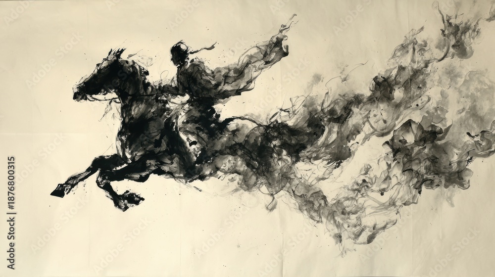 Fototapeta premium Chinese traditional lunar new year Spring Festival celebration in Asia. An abstract ink painting of a galloping horse, rendered in black and white ink. The horse is depicted in midgallop.