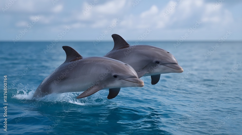 Fototapeta premium Two vivid dolphins leaping energetically from the bright blue ocean creating dynamic splashes under a sky with overcast clouds