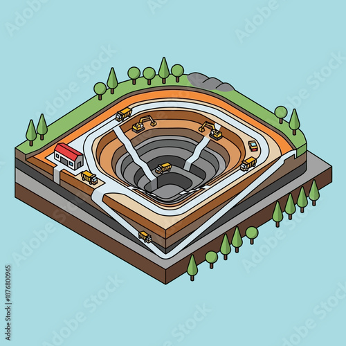 Open Pit Mine Excavation and Extraction Process Illustration.