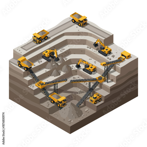 Open Pit Mining Operation With Heavy Machinery And Conveyor Belts.