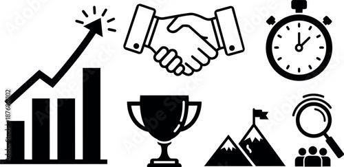 Black and white minimalist business success icons including growth chart handshake trophy mountain flags stopwatch magnifying glass and team