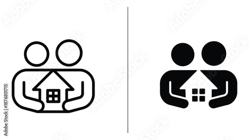 family home insurance icon set outline and solid style comparison with people holding house symbol in black on white background