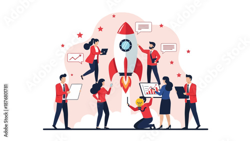 Team Launching Rocketship, Business Startup Concept