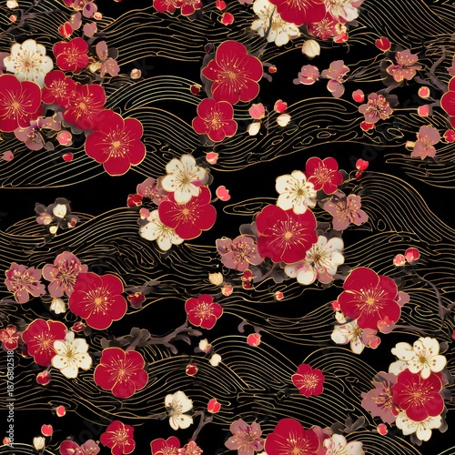 Chinese traditional lunar new year Spring Festival celebration in Asia. A Japanese cherry blossom pattern with red and white flowers on a black background. The flowers are intricately detailed.