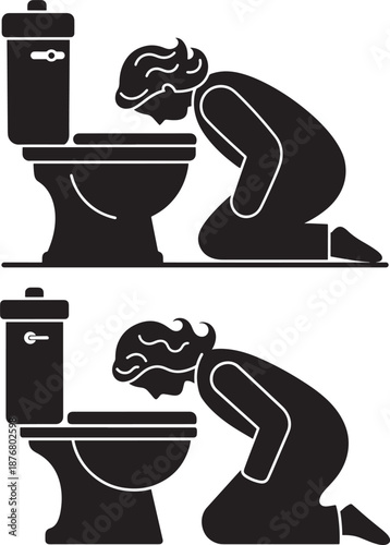Sick silhouette throwing up nausea into toilet bowl